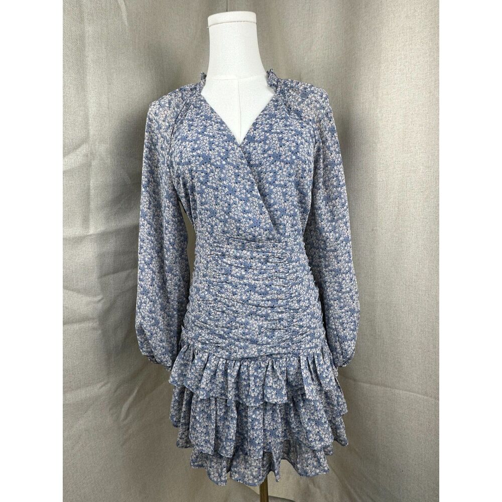 ASTR the Label Blue Floral Tiered Ruffle Mini Dress S